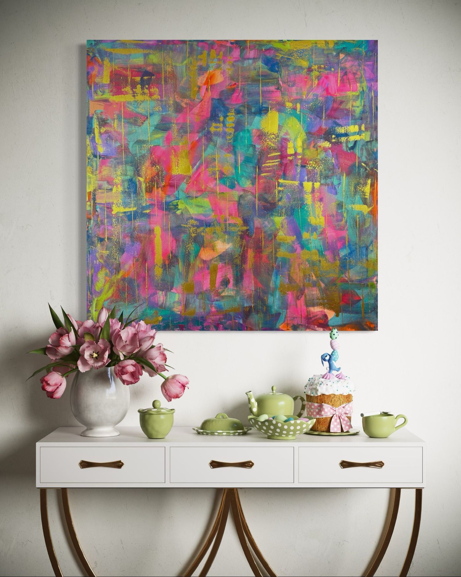 square colorful abstract artwork in interior with sideboard