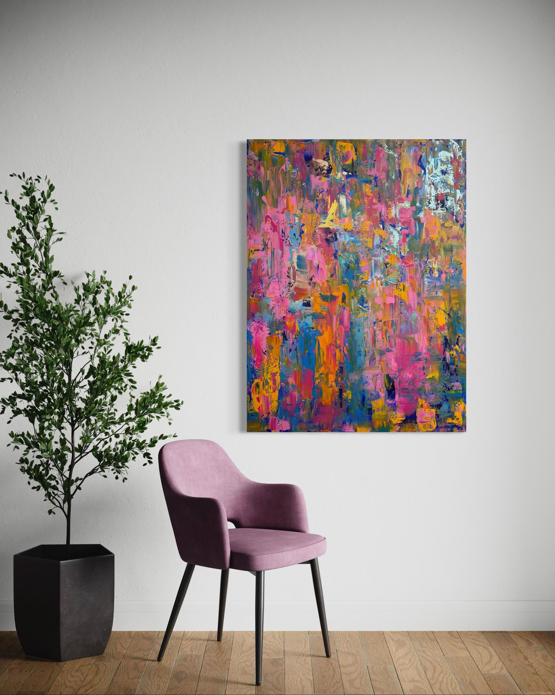 colorful abstract painting in interior with pink chair