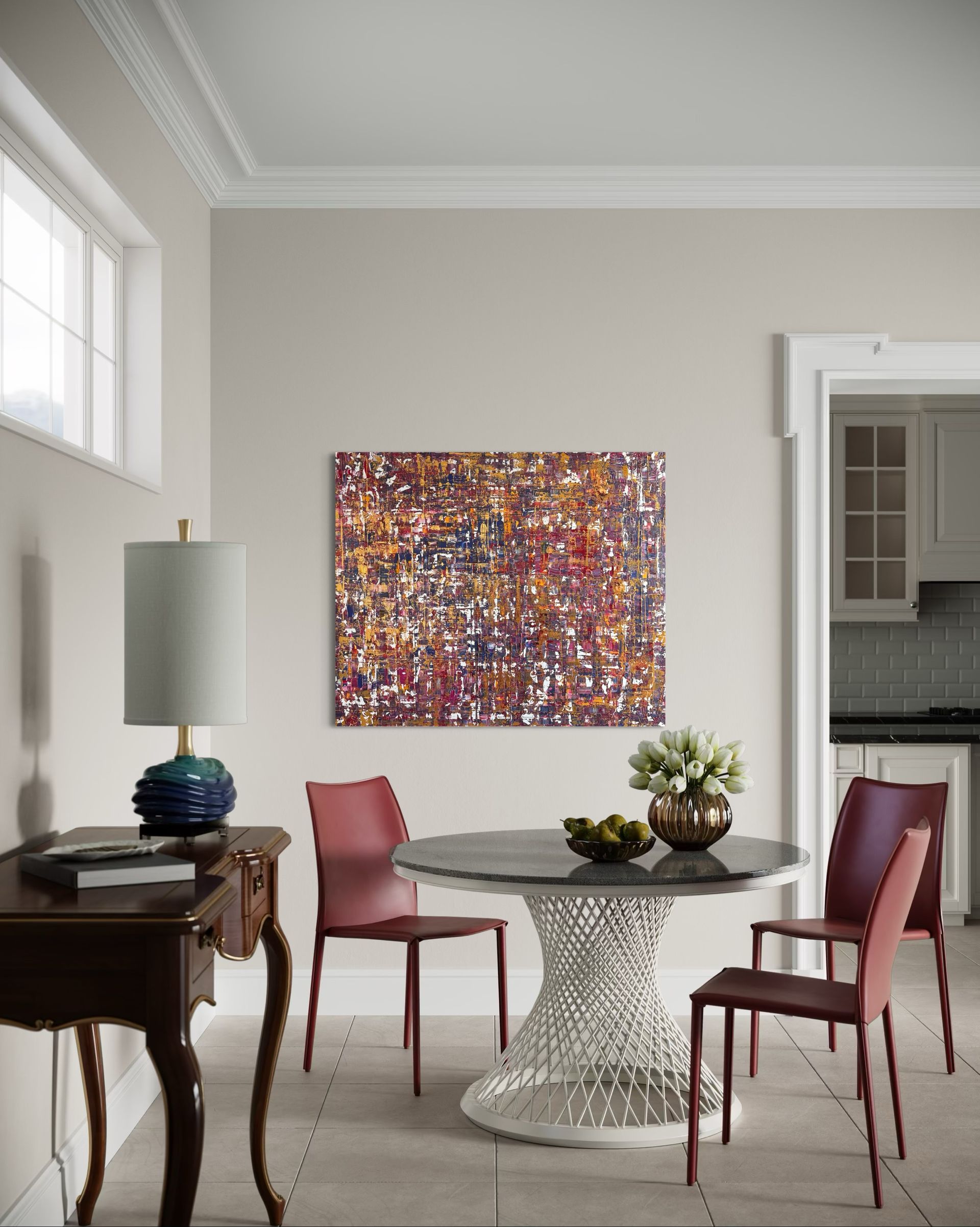 berry and gold abstract painting in dining room interior