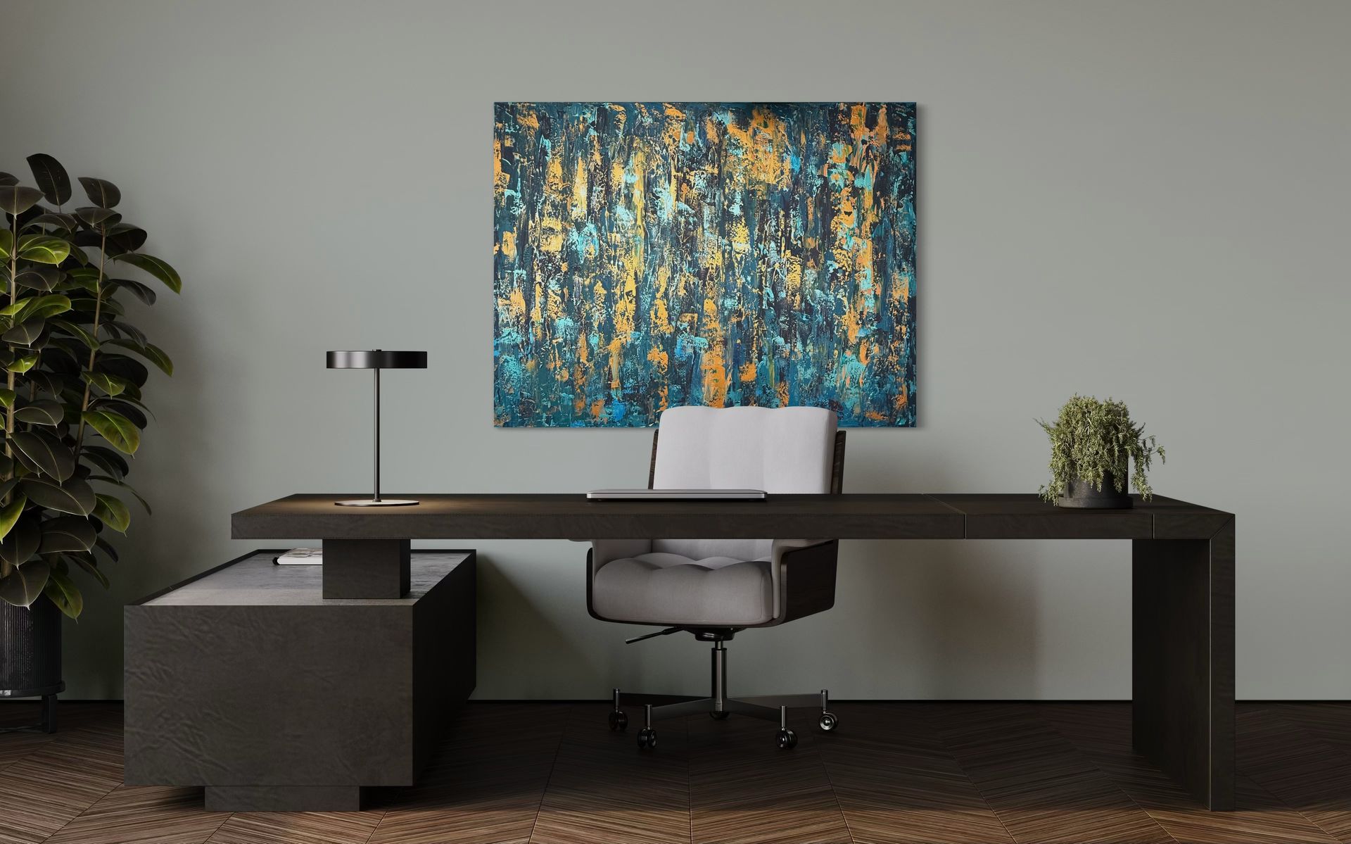 teal and gold painting in office interior