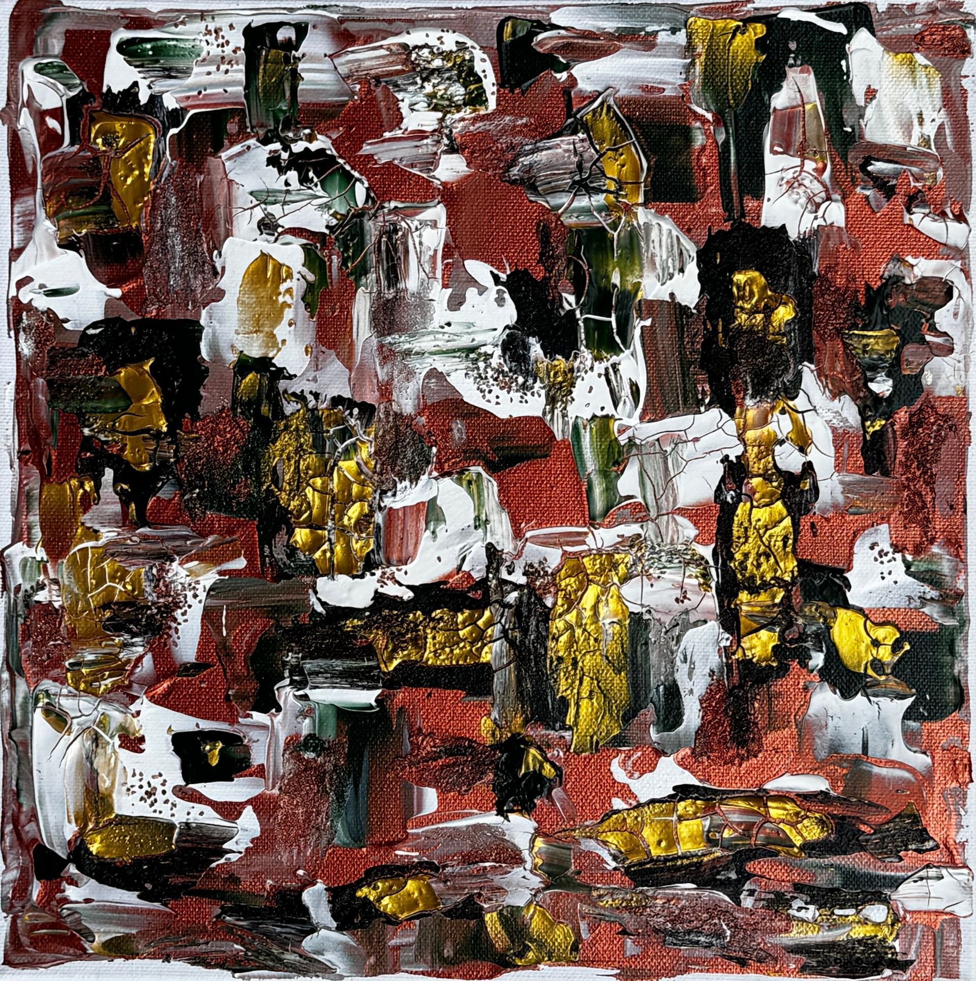 small textured artwork in copper, green and gold