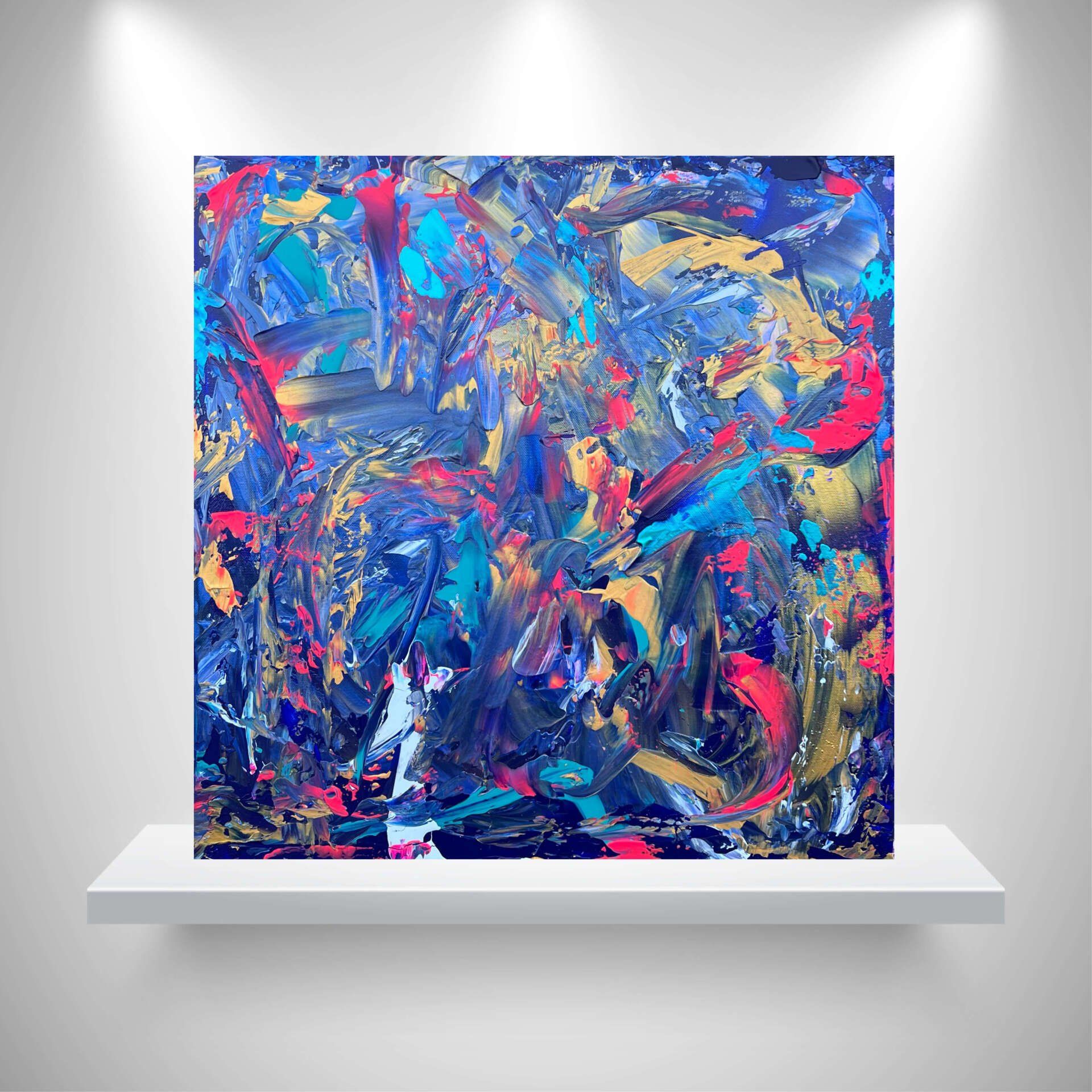 modern blue abstract artwork on shelf