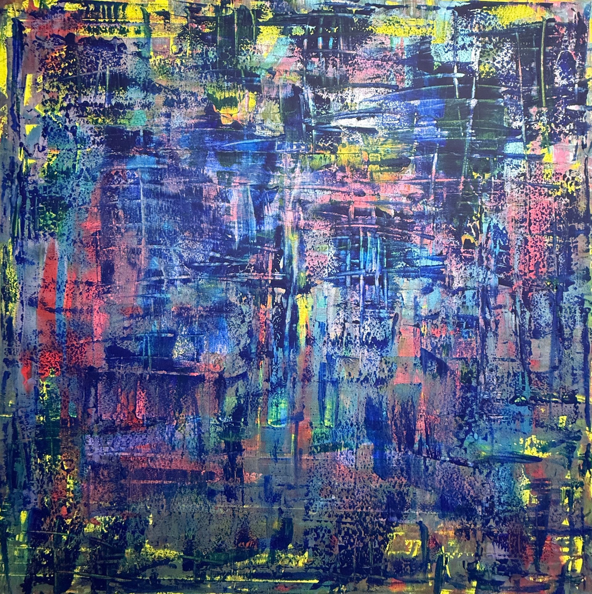 square painting in red, yellow and metallic blue