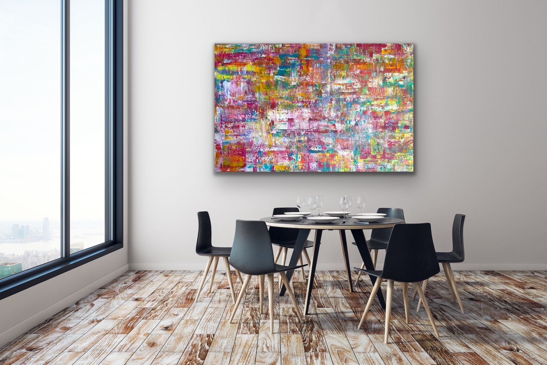 colorful large rectangular abstract painting in dining room interior