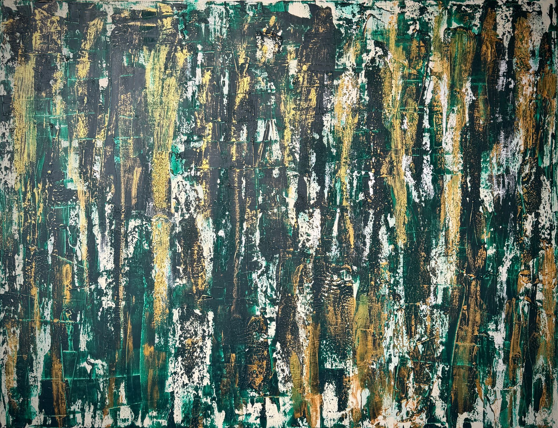green and gold rectangular abstract painting on canvas