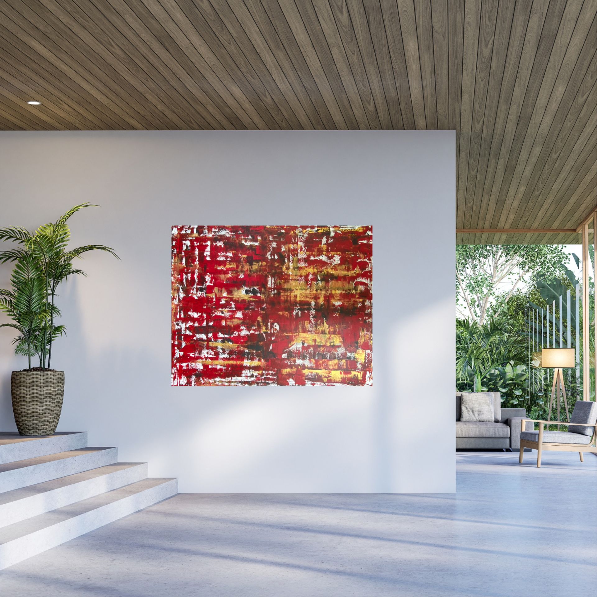 Red, gold and white artwork in interior