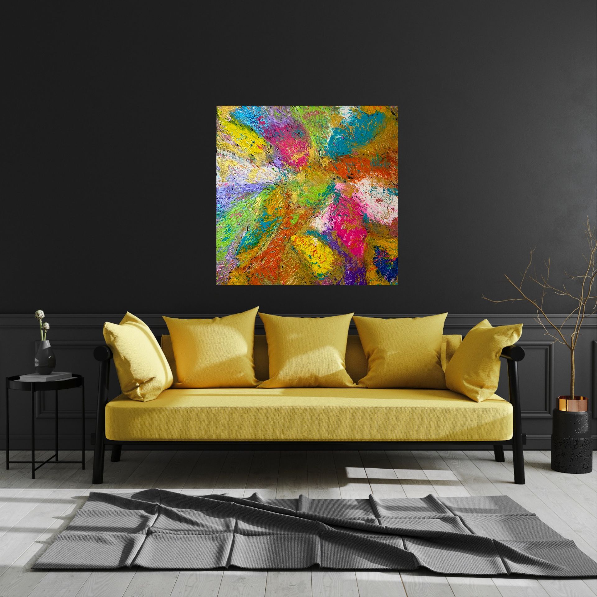 colorful textured painting in interior with yellow sofa