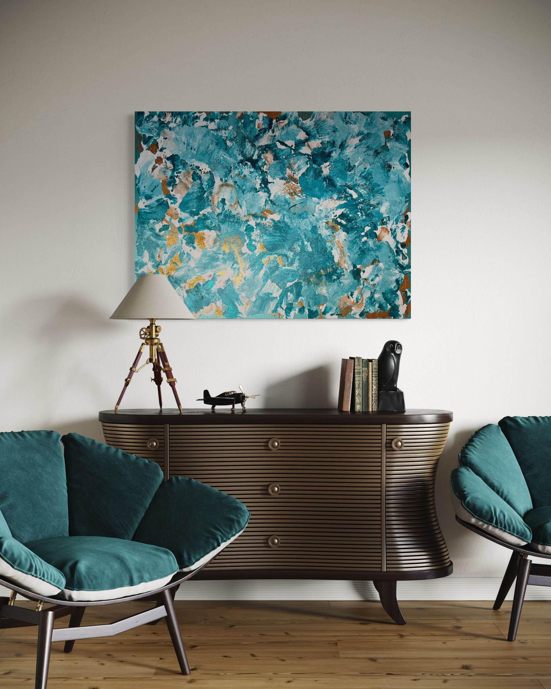 large turquoise abstract painting in interior setting