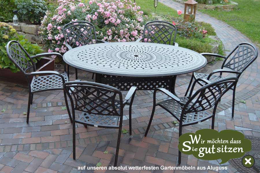 Kennen Sie unsere wetterfesten und bequemen Alu Guss Gartenmöbel wir schon seit über .Die Alu Guss Gartenmöbel- Gruppen Avatar finden in dieser klassischen Form Ihre Liebhaber in ganz Deutschland wie in Städten Freiburg, Hamburg, Lübeck, Schwerin, Rostock, Berlin, Leipzig und Dresden und Magdeburg, Köln, Koblenz, Wiesbaden, Mainz, Würzburg, Frankfurt, Würzburg, Erlangen , Nürnberg und München. Unsere Gartenmöbel-Sets laden zum Träumen und Relaxen ein in Städten wie Wolfsburg, Braunschweig, Salzgitter, Lüneburg, Bremen, Göttingen und Kassel. Alle Alu Guss Gartensessel können Sie sich ganz individuell zu einem Gartenmöbel-Set mit einem Gartentisch Ihrer Wahl zusammenstellen.