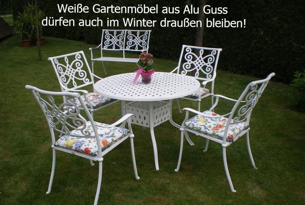 Weiße Gartenmöbel_wetterfeste Gartenmöbel_ weiße Gartenmöbel im Landhausstil_ Gartenmöbel aus Gusseisen_Gartenmöbel aus Metall_ Gartenmöbel weiß kaufen
