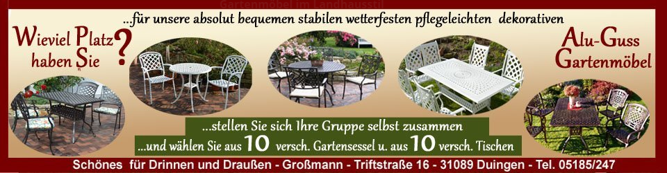 Gartenmöbel Set aus Metall wie Eisen oder Alu Guss die wetterfest sind und immer draußen bleiben können im weißen Landhaus-Stil oder bronzeschwarz günstig kaufen Wetterfeste Gartenmöbel Sets aus Metall Alu Guss im Landhausstil