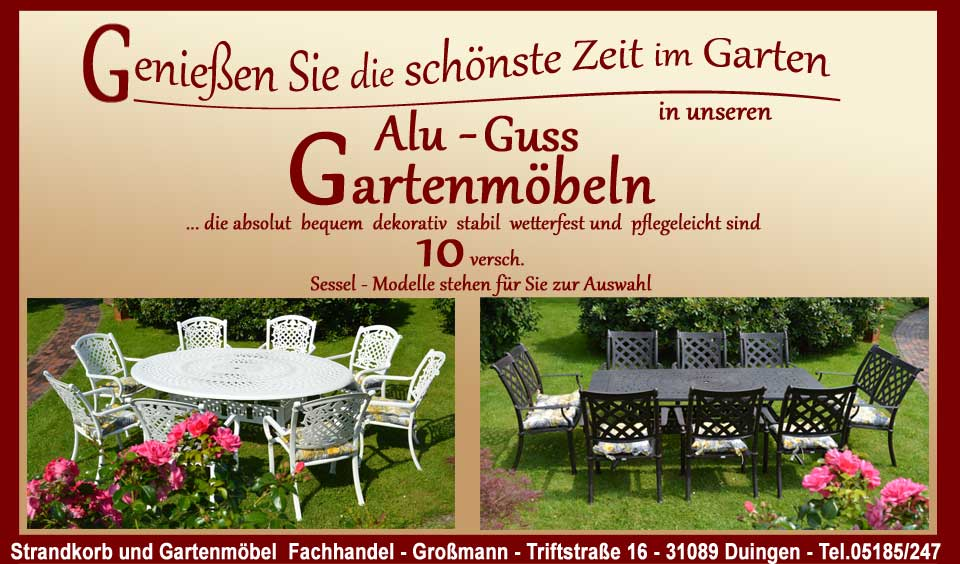 Aluminium Guss Gartenmöbel sind der Geheimtipp für alle Gartenliebhaber in Hannover, Hameln, Hildesheim, Berlin, Hamburg und Kassel sowie in ganz Deutschland! Diese Gartenmöbel sind nicht nur wetterfest, sondern auch super pflegeleicht. Ein Wisch mit einem feuchten Tuch und schon glänzen sie wieder!
Mit ihrer stabilen Bauweise trotzen diese Gartenmöbel jedem Wetter und sind dabei so leicht, dass man sie ohne Mühe umstellen kann. Und das Beste? Sie sind bequem! Ergonomische Stühle in vielen Designs bringen nicht nur Farbe in Ihren Garten, sondern auch Komfort für entspannte Stunden im Freien.
Ob für gesellige Grillabende oder chillige Lounge-Momente – die Auswahl an Aluminium Guss Gartenmöbeln ist groß! Machen Sie Ihren Garten zum Lieblingsplatz – modern, funktional und einladend