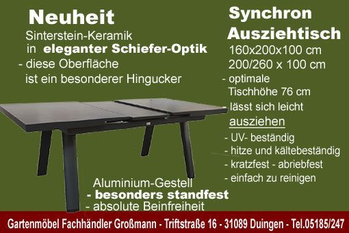 Ein Eleganter ausziehbarer Gartentisch mit einer Sinterstein-Keramik Platte in Schiefer-Optik der besonders standfest ist. Ausziehbarer Gartentisch- standfest-in eleganter Schiefer-Optik