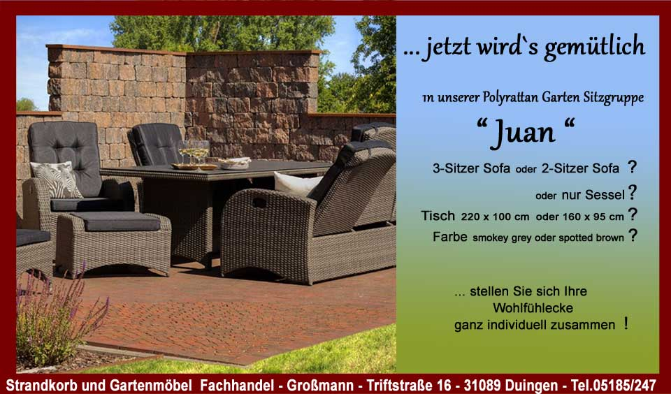 Polyrattan Gartenmöbel-Set Juan 3-Sitzer Sofa , 2-Sitzer Sofa, Sessel, Gartenmöbeltisch 160x 95 cm , 220x100 cm Es ist soweit der Frühling ruft und die Gartenmöbel Dining Lounge Juan mit dem verstellbaren Polyrattan Sessel dem Garten Sofa 2 Sitzer oder 3 Sitzer und Gartentisch der Marke DeVries stehen bereit