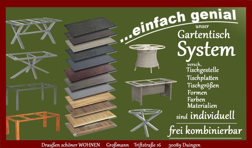 ... absolut wetterfeste standfeste Gartentische mit Edelstahlgestell, Alugestell, oder Teakholzgestell mit HPL Tischplatte oder Teakholz Tischplatte Das Gartentisch System von Sonnenpartner bietet fast unbegrenzte Möglichkeiten Gartentische individuell zusammenzustellen