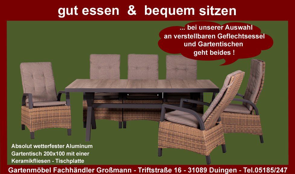 Gut essen und bequem sitzen kann man im Kunststoffgeflecht Polyrattan Geflechtsessel Montana mit stufenloser verstellbarer Rückenlehne und am Keramikfliesen Gartentisch Montana Gut essen und bequem sitzen kann man im Kunststoffgeflecht Polyrattan Geflechtsessel Montana mit stufenloser verstellbarer Rückenlehne und am Keramikfliesen Gartentisch Montana