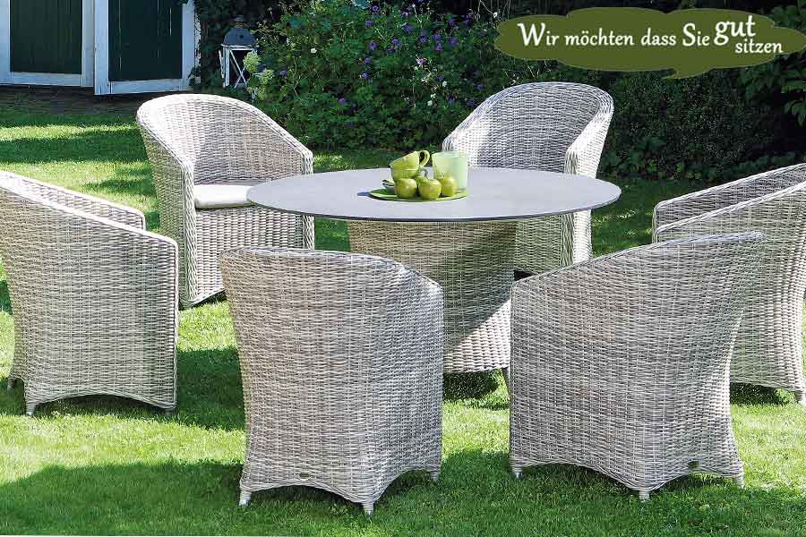 runder Polyratten Gartentisch white-corale mit HPL Tischplatte 134 cm beton-hell mit Polyrattan Gartenstuhl Solana Runder Rattan Gartenmöbel Tisch Polyrattan Geflecht Berlin Hannover Kassel
