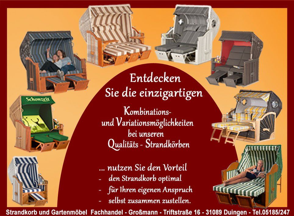 Wie lassen Ihren Strandkorb ganz nach Wunsch fertigen. Egal - ob es ein Nordsee Strandkorb oder ein Ostsee Strandkorb sein soll, ein 1-Sitzer Strandkorb, 2-Sitzer Strandkorb, xl 2,5-Sitzer Strandkorb oder ein xxl 3-Sitzer Strandkorb Sonnenpartner Strandkorb xl Ostsee Nordsee