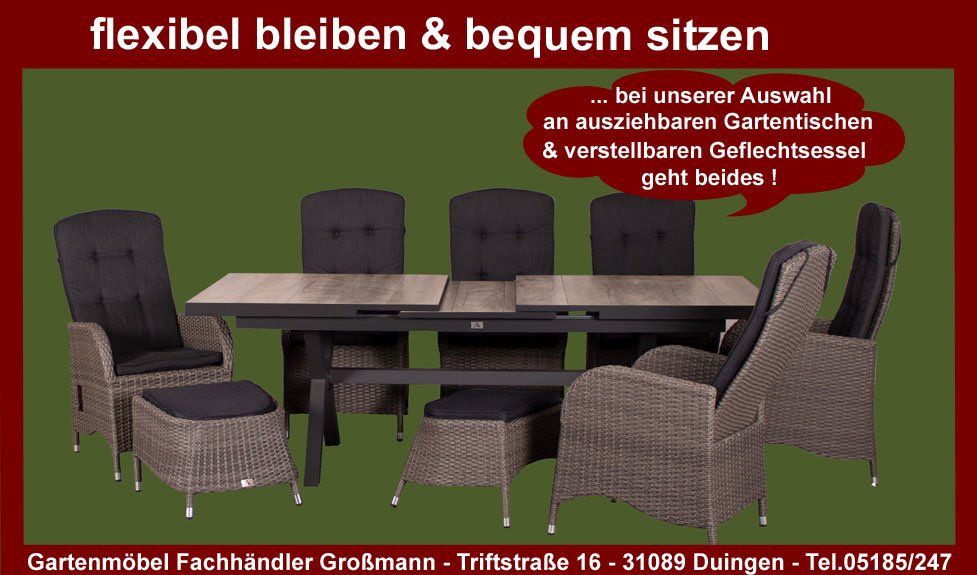 Die Firma Dekovries_ Devries hat mit dem Geflechtsessel Juan smokey grey und dem großen Gartentisch ausziehbar ein tolles Gartenmöbel Set in unsere Gartenmöbelausstellung gebracht Die Firma Dekovries-Devries hat mit dem Geflechtsessel Juan smokey grey und dem großen Gartentisch ausziehbar ein tolles Gartenmöbel Set in unsere Gartenmöbelausstellung gebracht
