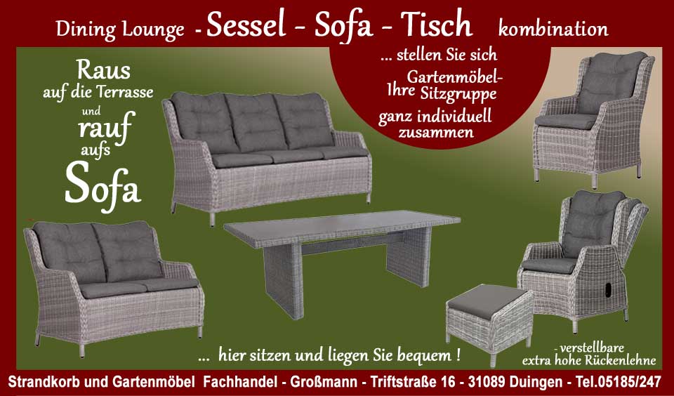 Gartenmöbel Polyrattan Kunststoffgeflecht- Serie Salou Rauf aufs Gartensofa und den Gartenmöbel Kunststoffgeflecht Polyrattan Gartenmöbel Dining Sessel Salou und das Outdoor Gartensofa genießen