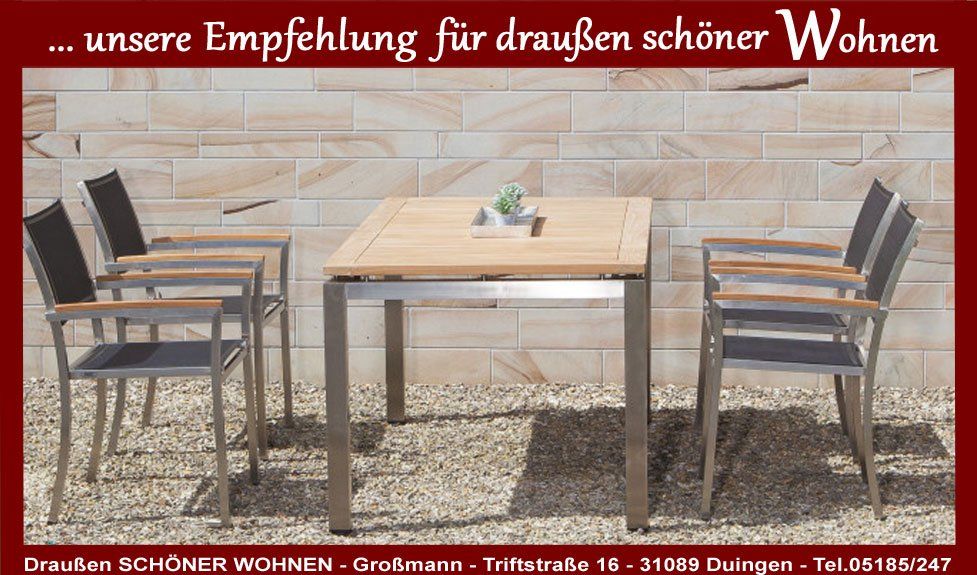 Ein Gartentisch der ein Modernes und pflegeleichtes Gartenmöbel-Set zeigt mit Edelstahl-Gestell und Teakholz Gartentische mit Teak Tischplatte und Edelstahl Gestell kann man sich ein modernes Gartenmöbel Set zusammenstellen