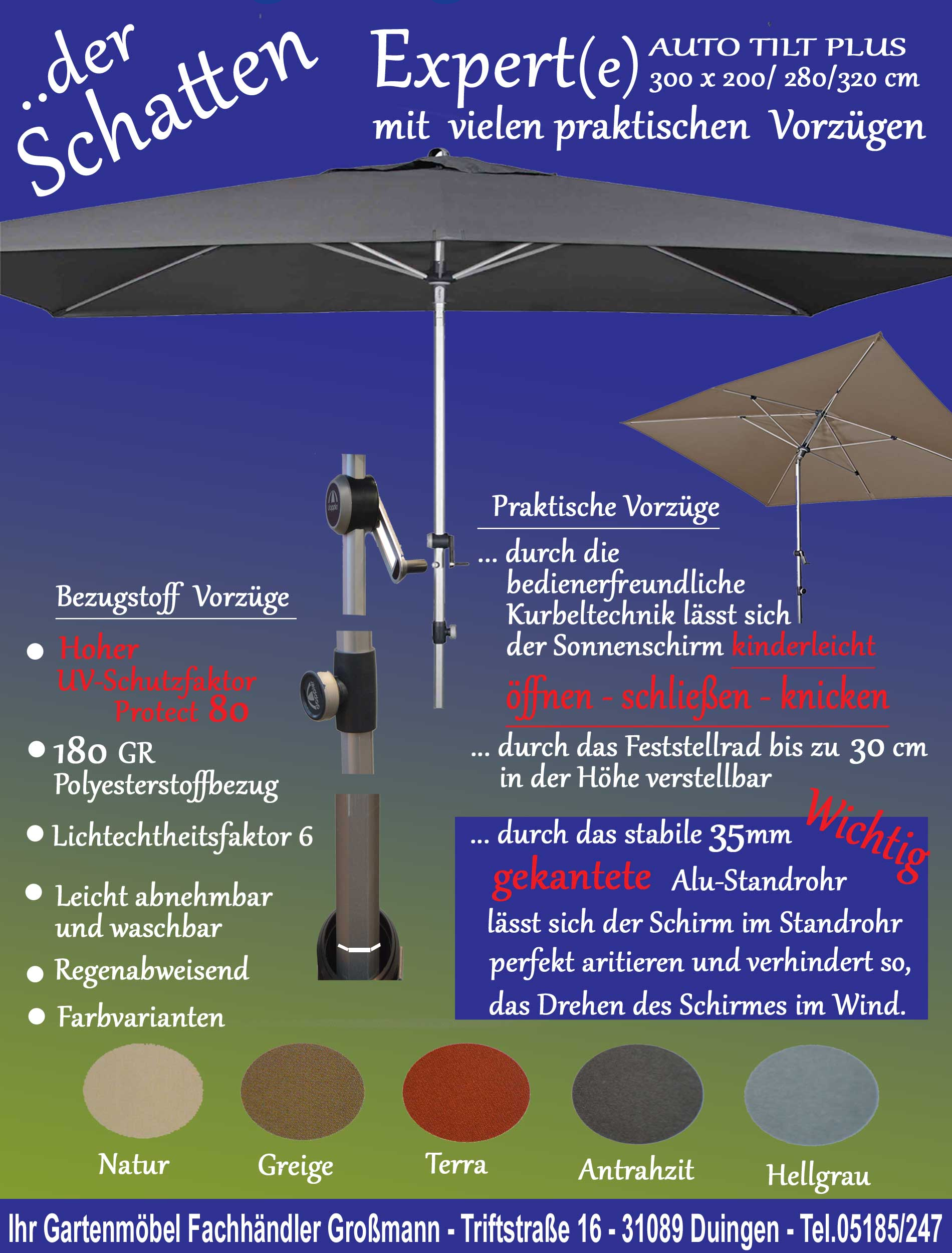 Welchen Sonnenschirm soll man kaufen ? Den Sonnenschirm vom Hersteller Doppler Kurbelschirm knickbar rund Expert Auto tilt 350/280, rechteckig 300x200 ,Sonnenschirme günstig kaufen Doppler Expert Marktschirm