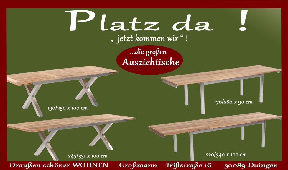 Spectra und Magister Gartentische mit Edelstahlgestell und Teakholz -Tischplatte Große Gartenmöbel  Gartentische wie der Gartentisch Spectra und Magister sind ausziehbar