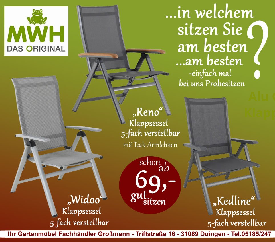 MWH Alu Gartenmöbel Klappsessel und Stapelsessel Reno- Kedline - Widoo günstig kaufen MWH Gartenmöbel-Set aus Aluminium von MWH mit den Klappsessel Reno,Wido, Kedline günstig kaufen