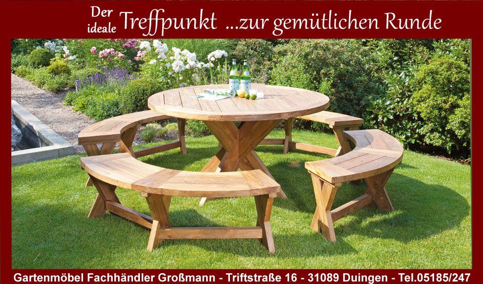 Die runde Teakgruppe mit runden Bänken gehört zu den Teakholz Gartenmöbel die schon etwas besonderes darstellt.