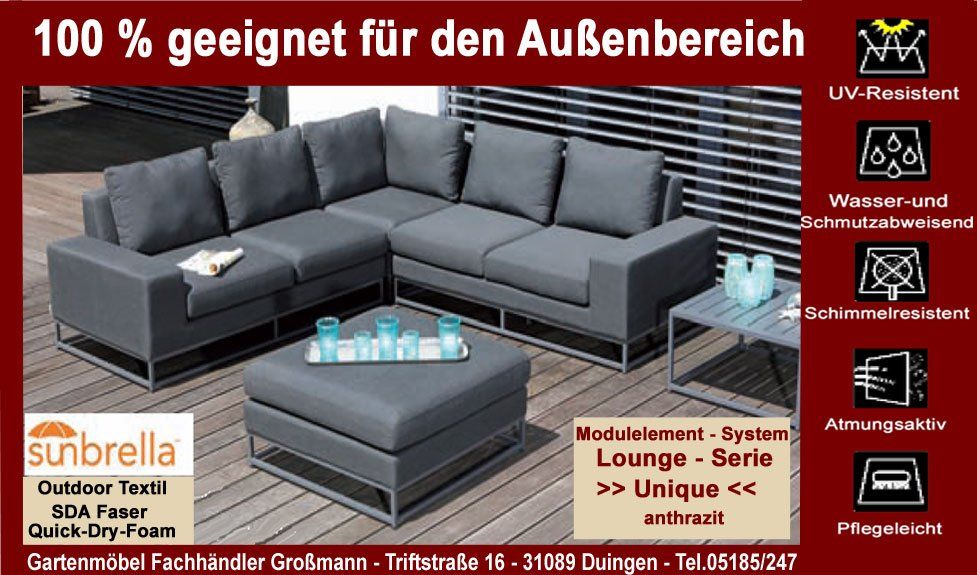 Wetterfeste Gartenmöbel Lounge Kennen Sie die wetterfeste Gartenmöbel Gruppe „Unique“ der Handelsmarke Sonnenpartner in Bielefeld, einem Gartenmöbel Hersteller mit dem wir schon seit über 25 Jahren zusammen arbeiten .Die Gartenmöbel Lounge Unique findet in dieser klassischen Form Ihre Rostock, Berlin, Leipzig und Dresden und Magdeburg. Unsere wetterfeste Gartenmöbel Lounge Unique lädt zum Träumen und Relaxen ein in Städten wie Wolfsburg, Braunschweig, Salzgitter, Lüneburg, Bremen, Göttingen und Kassel. Die Gartenmöbel Lounge Unique können Sie sich ganz individuell zu einem Gartenmöbel-Set zusammenstellen. Liebhaber in ganz Deutschland wie in Städten Hannover, Hamburg, Lübeck, Schwerin,