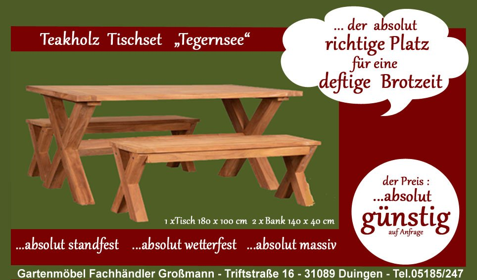 Teakholz Gartenmöbel-Set Tegernsee mit Gartentisch und Bänken Teakholz Gartenmöbel mit Bänken und Gartentische für eine deftige Brotzeit