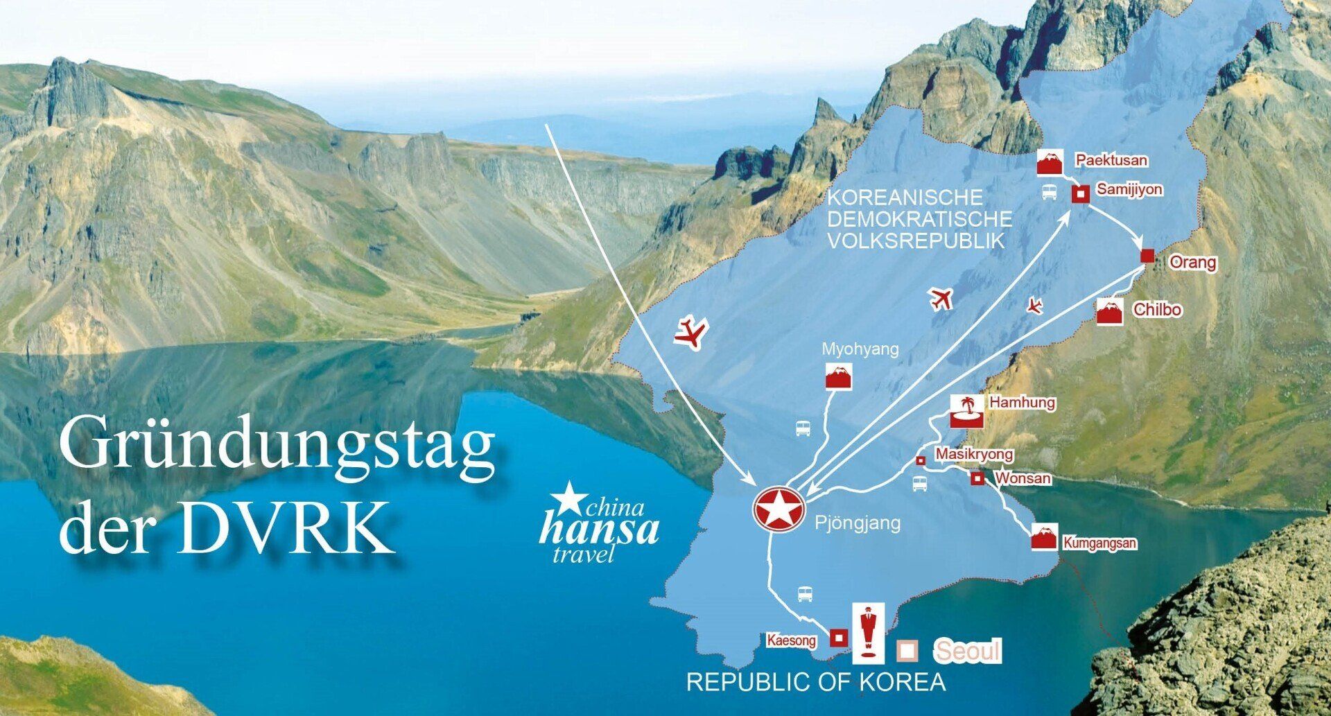 Die Stadt nahe dem heiligen Berg Paektu an der Grenze zu China gilt als Herzensprojekt von Nordkorea. Besichtigung der 2019 eröffneten neuen Stadt und des Großmonuments Samjiyon.