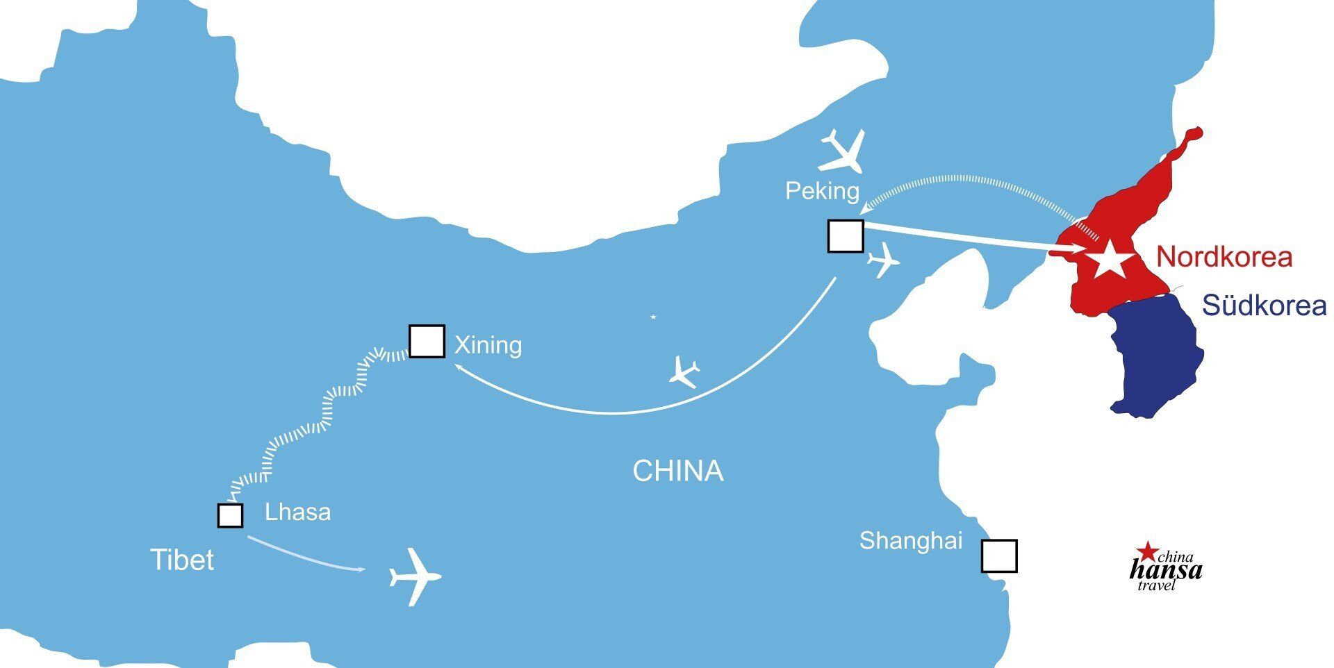 Reiseroute, Map: Nordkorea mit Tibet