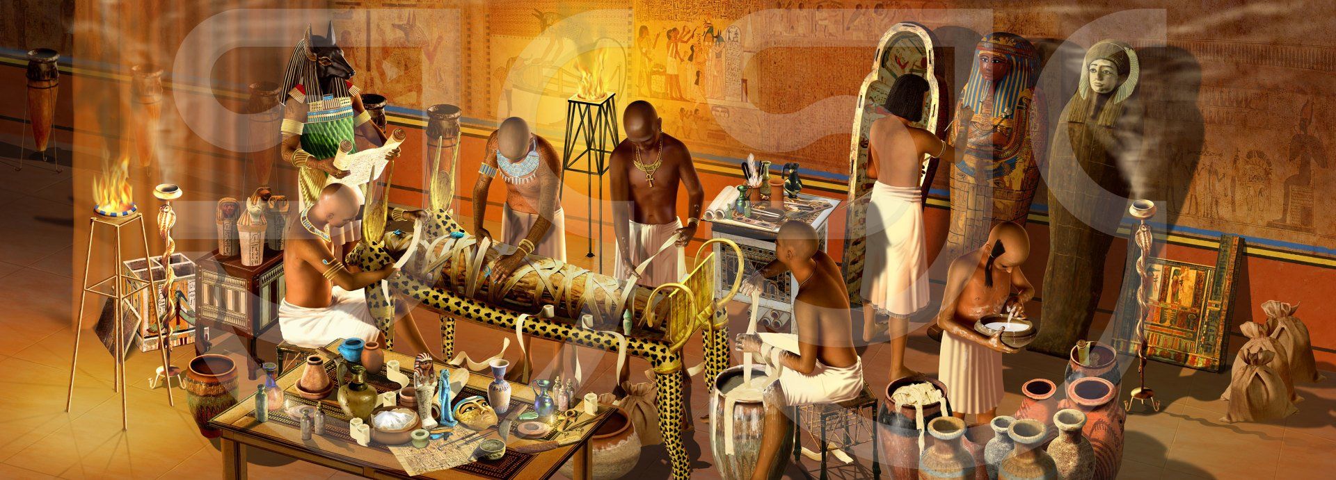 Atmospheric, colourful historical scene of Egyptian men in the process of mummifying a body in a torchlit chamber room. Photorealistic digital painting, ancient history illustration.