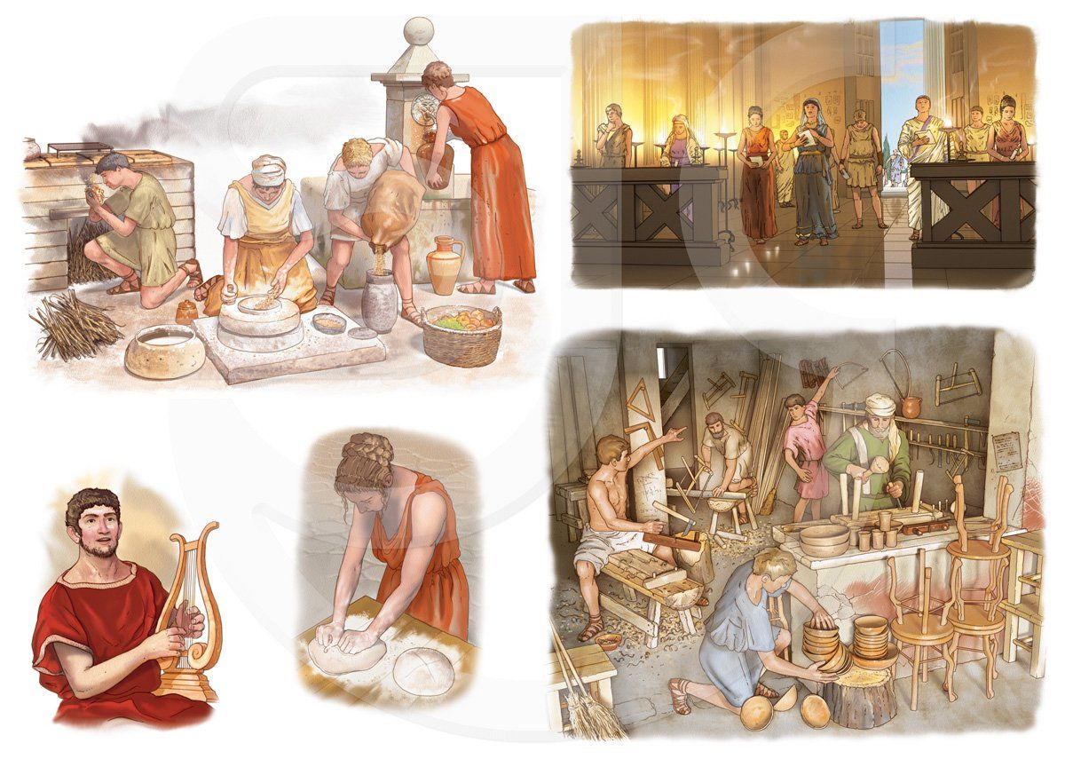 A selection of stylized colourful paintings depicting ancient mediterranean life, Roman-Greek, including a slave girl with a water jug at a fountain; a man pouring a sack of grain into a pot, a woman grinding grain and a man tending the fire at a bread oven; a a slave girl making bread; a man singing and playing the lyre; a workshop with many tools of the trade, craftsmen, men and boys woodworking, stacking and arranging hand made wooden products; and an interior temple scene with people praying. Realistic historical illustration.