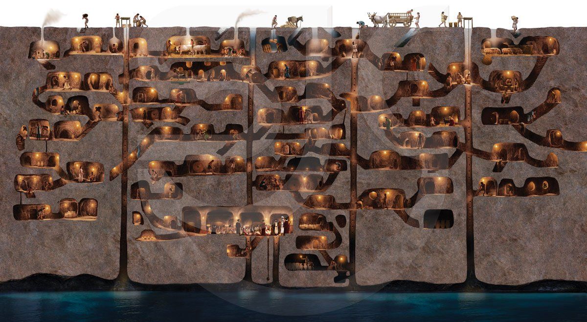 Historical scene, a depiction of life at the ancient multi-level underground city at Cappadocia, Derinkuyu, Turkey. A realistic cutaway painting revealing tunnels and chambers with people and their livestock in daily life underground. At a depth of approximately 60 metres, it could have sheltered as many as 20,000 people together with their livestock and food stores.