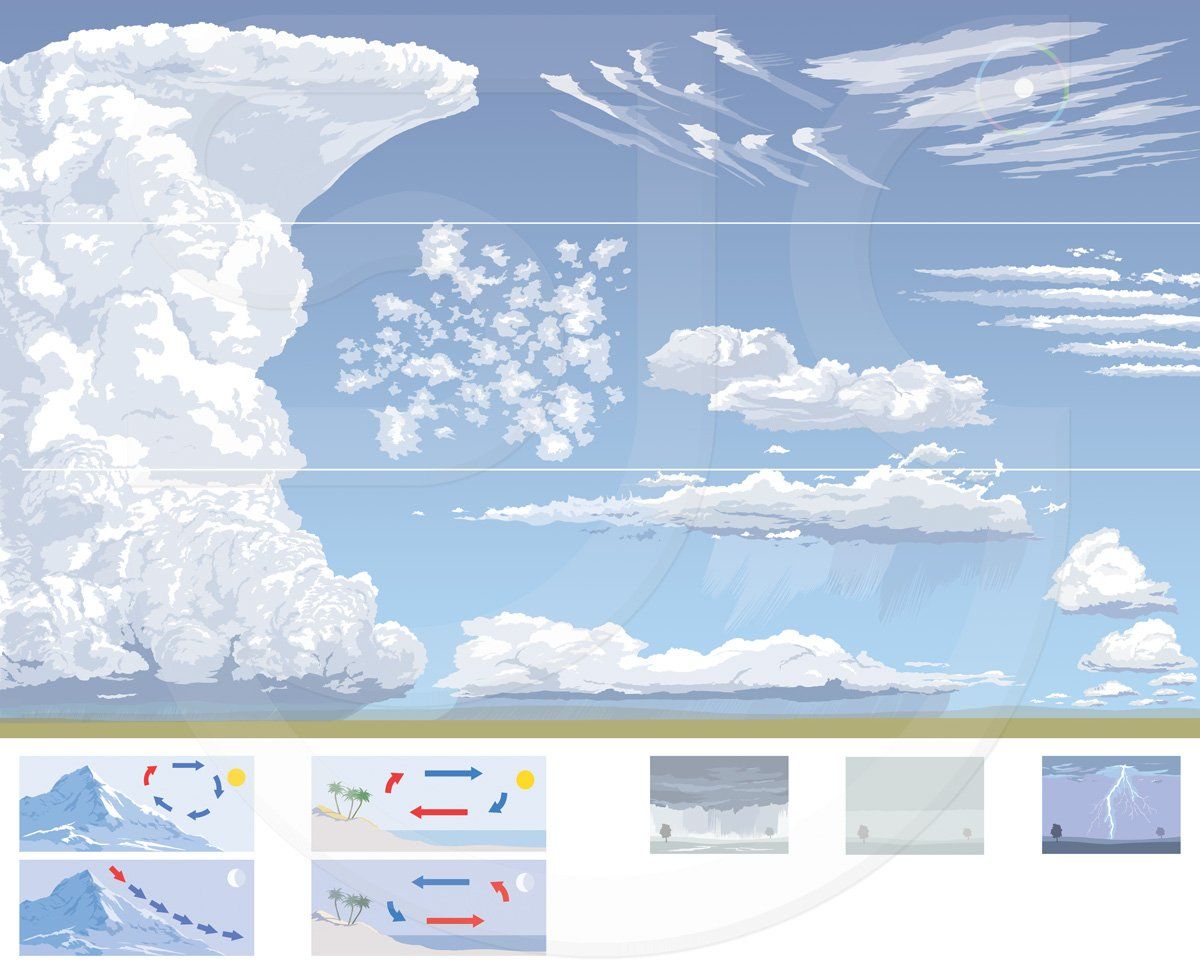 Cloud types at different altitudes and how to read them to forecast the weather for survival when outdoors. Stylized realistic vector art, infographic diagrams. Showing cirrus, cirrustratus, cumulus, altocumlus, altostratus, nimbostratus, stratocumulus, stratus, and cumulonimbus clouds; anabatic and katabatic wind direction and sea breezes. Natural science illustration.