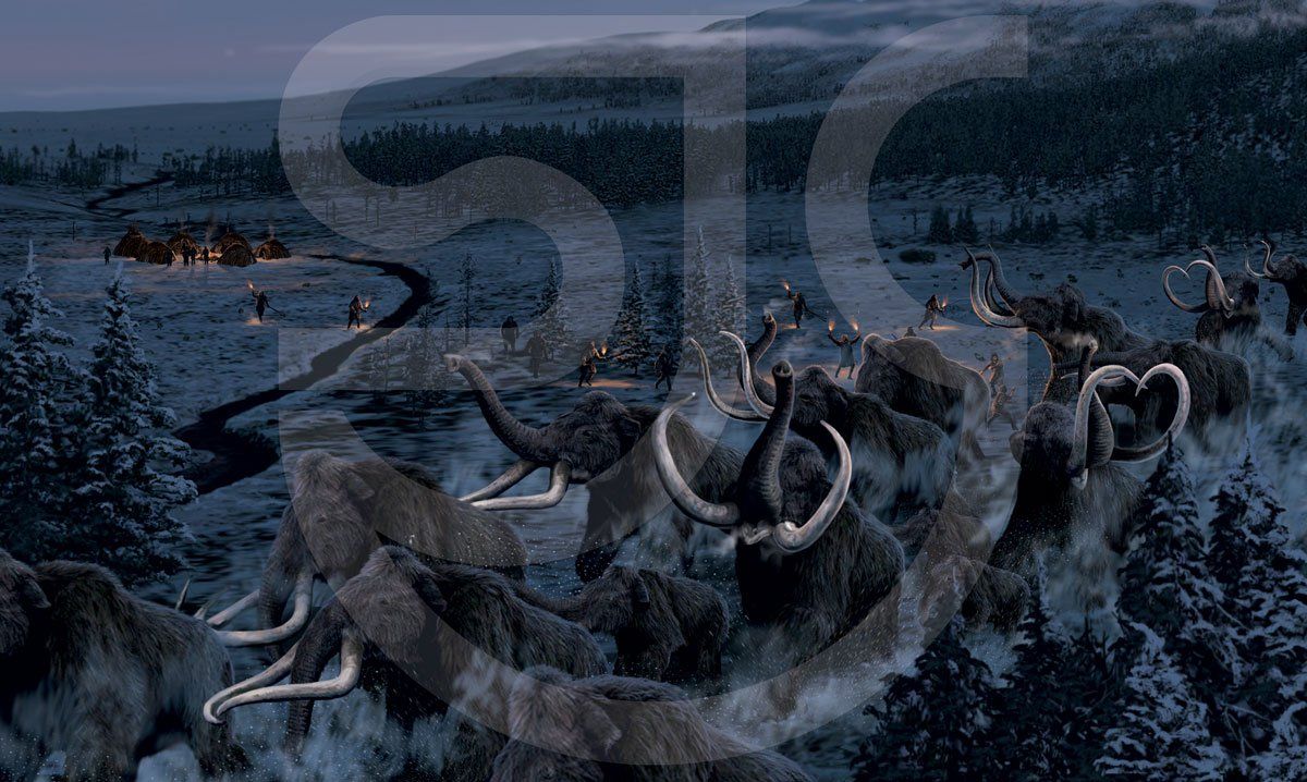 Ice Age Tundra. Atmospheric prehistoric night landscape with a herd of mammoth charging in the foreground, neanderthal hunters with fire torches, early human camp in the distance. Historical, anthropological, natural history painting.