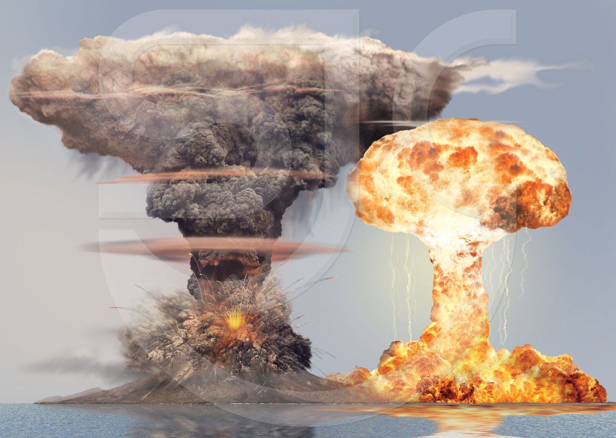 Dramatic comparison between the final catastrophic Karkatoa volcano eruption, a pyroclastic surge, and a nuclear explosion by the most powerful nuclear weapon ever created, a Soviet hydrogen bomb, known as Tsar Bomba. Shown side by side in a photorealistic digital painting, natural science illustration.