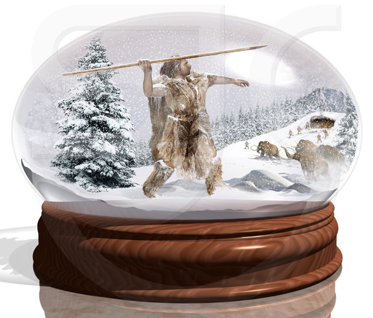 Ice age scene, a neanderthal hunter throwing a spear at a herd of mammoths wandering into a neanderthal encampment in a snowy landscape. All frozen in time encapsulated within a snowglobe. Realistic digital illustration.