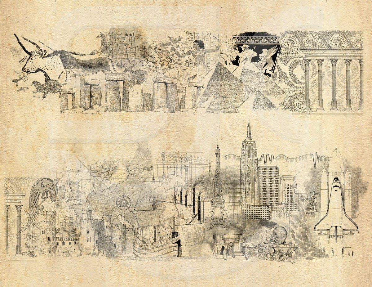 Historical Timeline drawing showing the progression of the human race and it's achievements from pre-history through to the modern age called 'The Human Moment' for the BBC TV series Origins of Us. Realistic historical illustration.