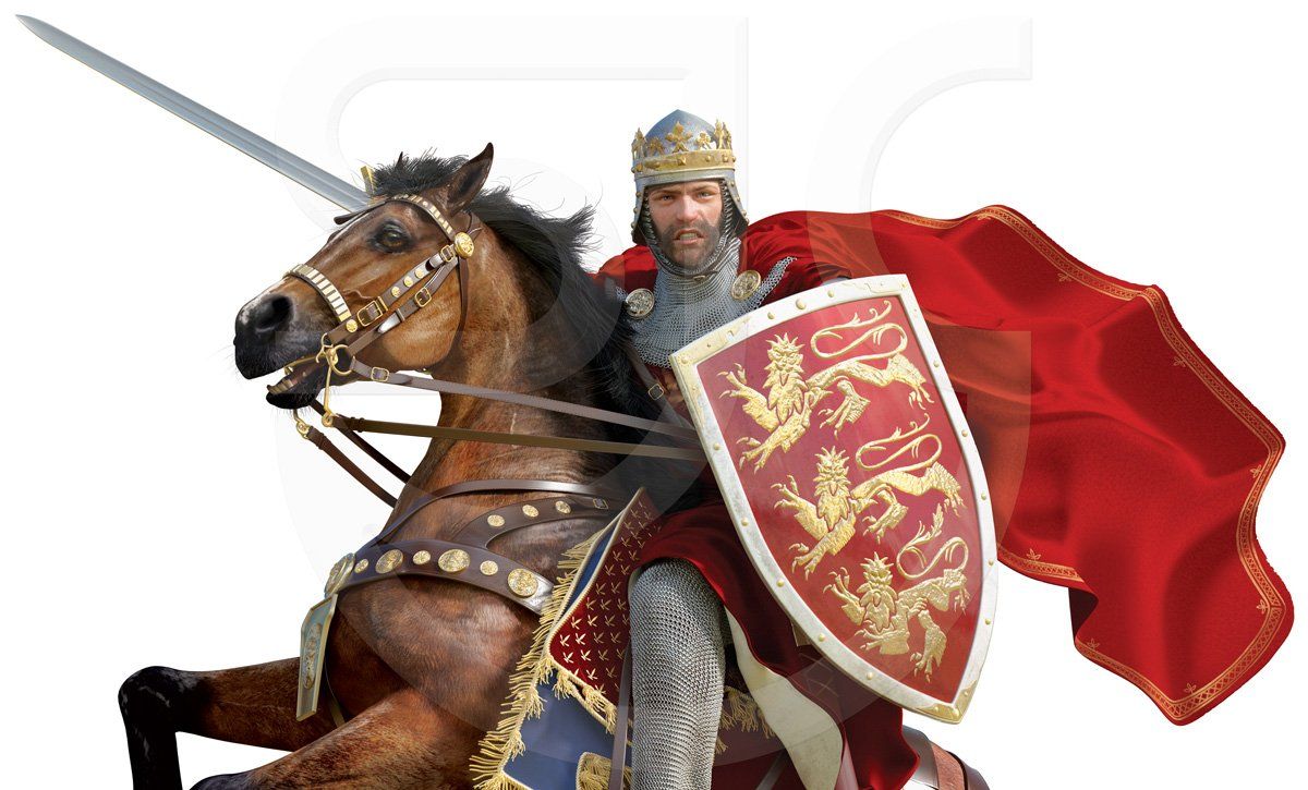 Richard the Lionheart, Richard I, King of England riding his rearing trusty steed, wielding his sword and red shield decorated with three golden lions, wearing a helmet and chainmail, a red cape billowing out from his shoulders. A chivalrous medieval king and great military leader and warrior of the late 12th century. Photorealistic digital painting, cut to white, historical illustration.