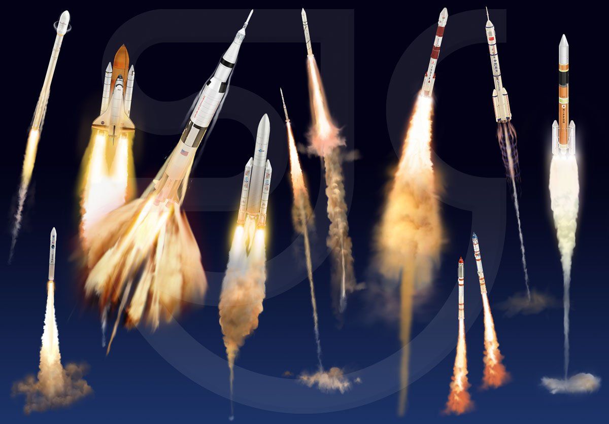 A selection of 12 famous rockets from different countries depicting the space age, on a deep dark blue night sky background. Rockets shown, Ariane 5, Kosmos rocket, Jericho shavit, Diamant rocket, Saturn V, Space Shuttle, Falcon 9, Minotaur rocket, Long March rocket, Changzheng rocket, H-II (H2) rocket, PSLV rocket, Polar Satellite Launch Vehicle. Photorealistic digital painting, space art, science, technical illustration.