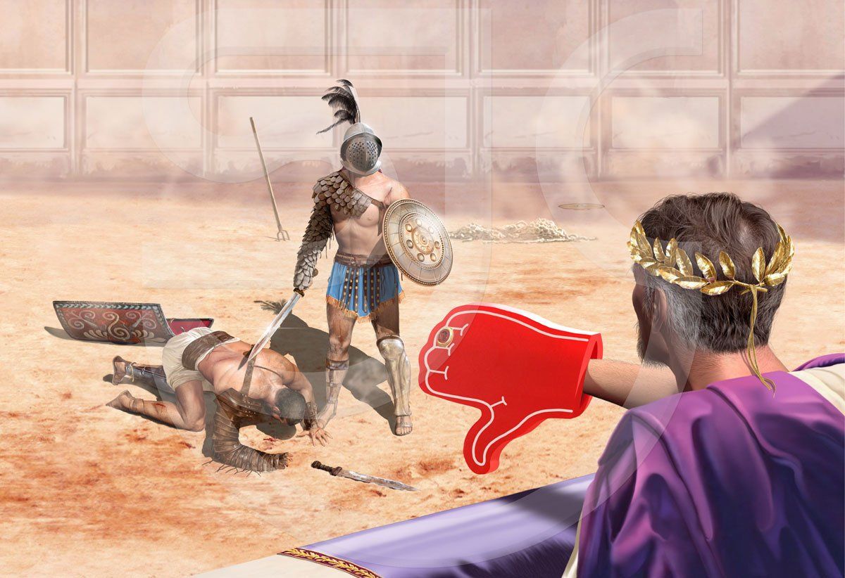 Ancient Roman scene in the Colosseum ring at the end of a gladiator fight the winning gladiator pointing his sword at a fallen man on the ground. With a humorous twist, the Roman Emperor in the foreground is wearing a huge red sponge hand, signalling a thumb's down to the winner. Photorealistic digital painting, historical illustration.