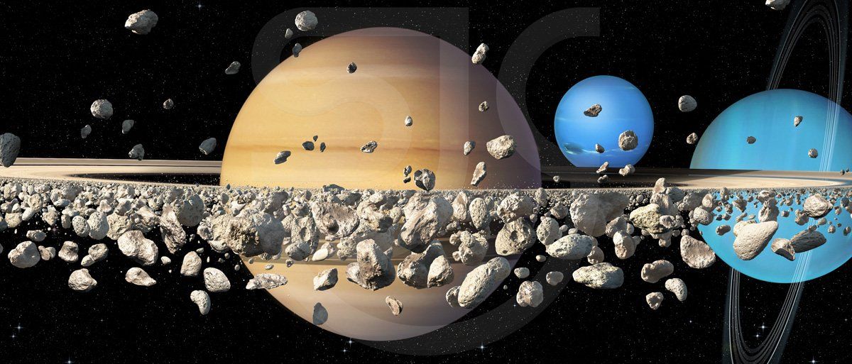 Photorealistic illustration of planets on a dark space background, showing Saturn and it's rings, Uranus with its rings and Neptune. Astronomical space painting, science illustration, book jacket art.