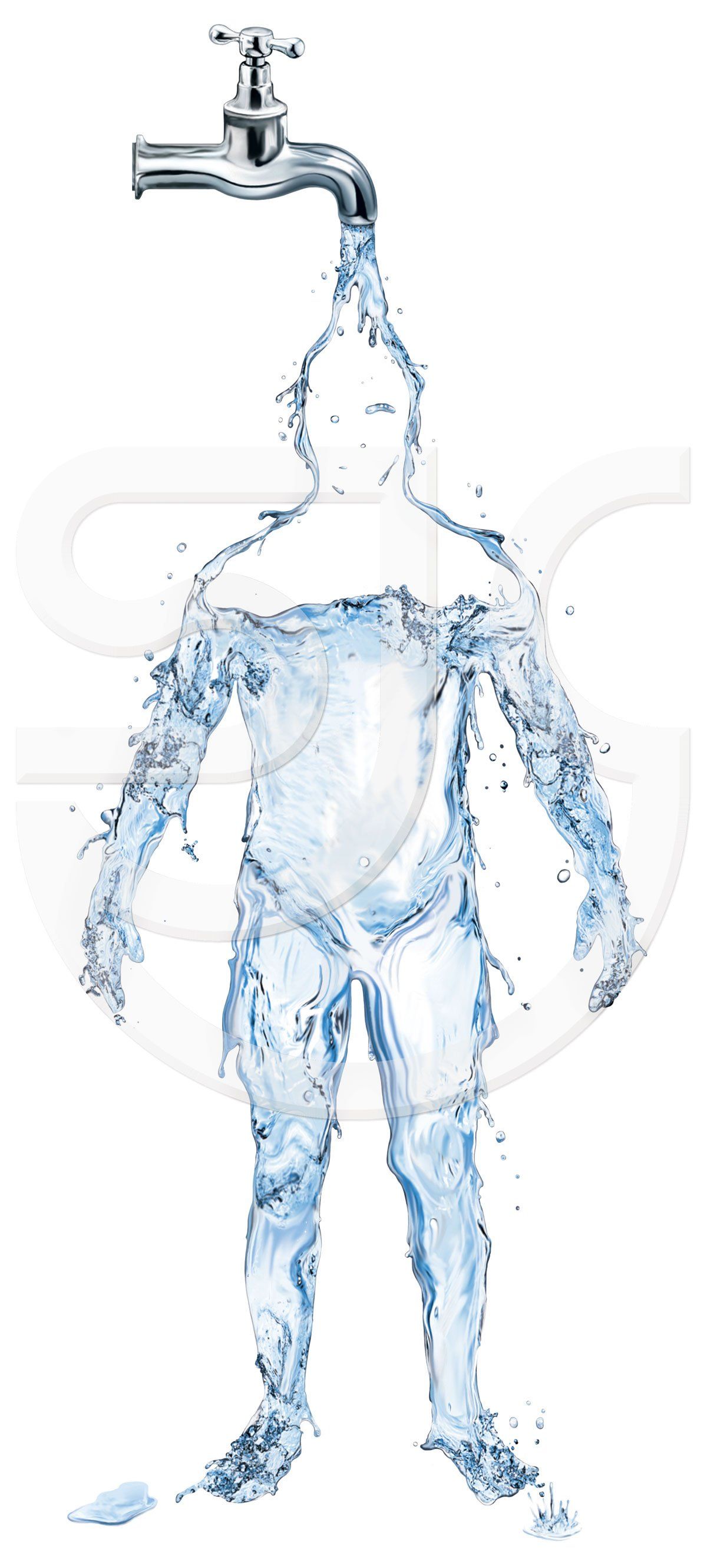 Stylized graphic illustration of water running from a chrome tap / faucet into the shape of a blue liquid man with water droplets and splashes, illustrating that a human body contains much water. Science, natural history painting.