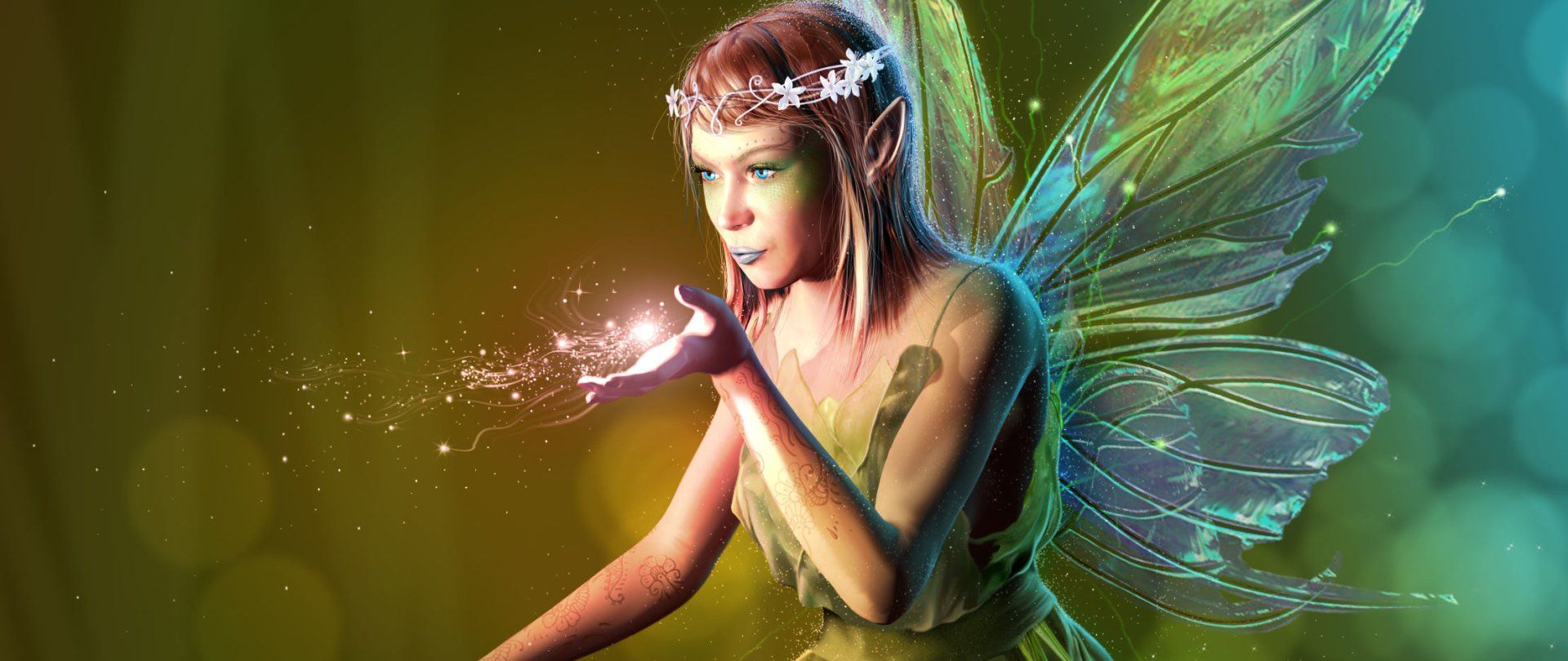 Bring your project to life, with great illustration! Here we see a photorealistic digital painting of a magical woodland fairy, hovering over white wood sorrel flowers, blowing fairy dust. Fantasy art of a beautiful mythical creature.