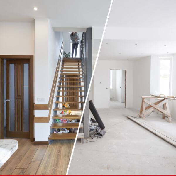 Before & after pic of a home renovation of a lounge