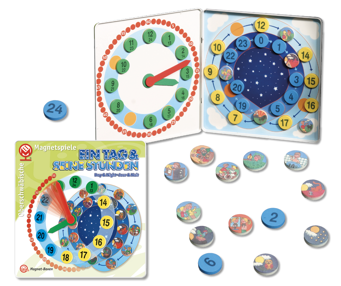 Spielerisch die „Uhr“ kennenlernen und Tag und Nacht erkennen. „Ein Tag & seine Stunden“ ist ein hochwertiges Lernspiel, das mit den bedruckten Holzscheiben mit bekannten Tätigkeiten zu jeder Zeit den Tagesablauf des Kindes einbezieht.