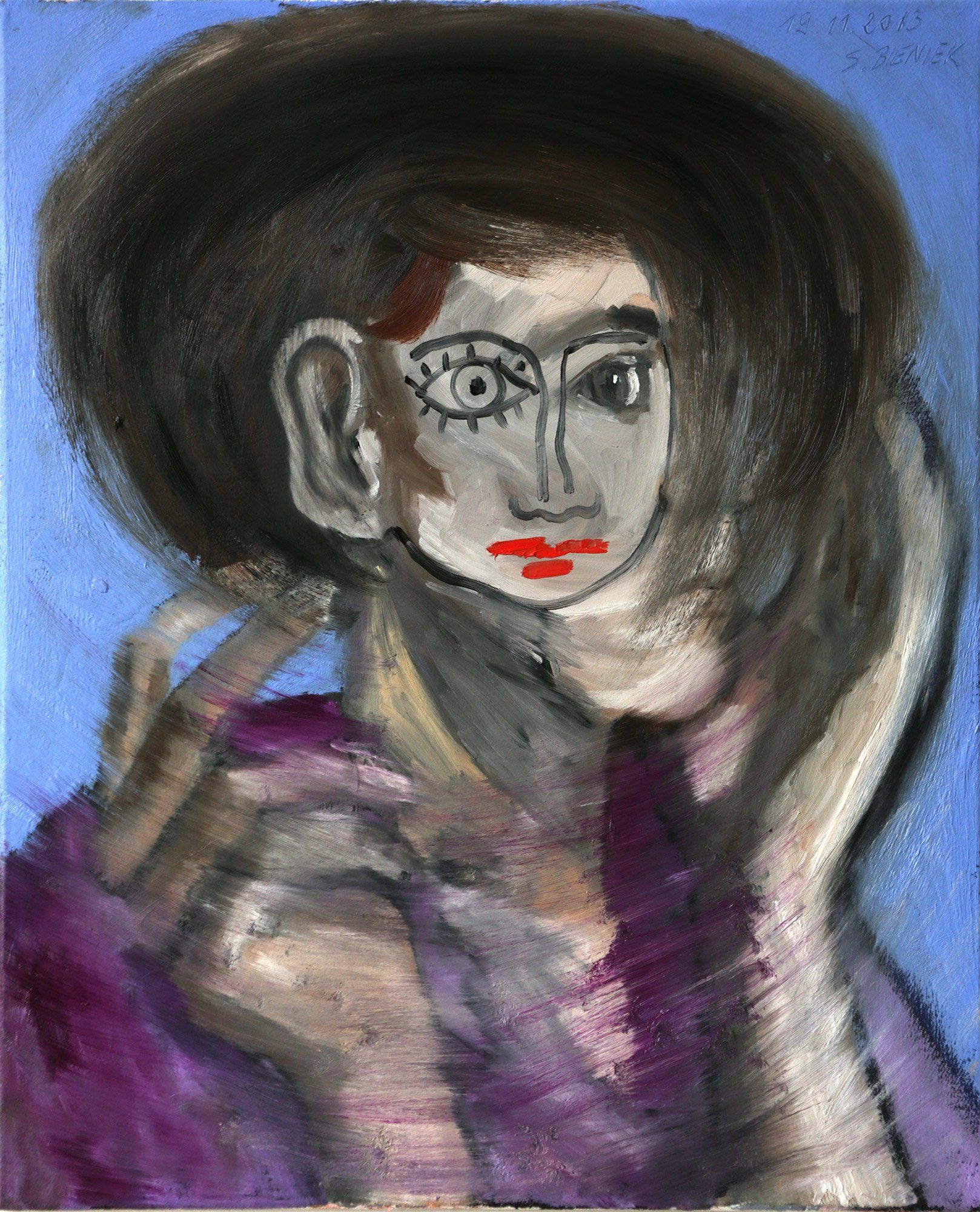 „Two-Faced No. 1“ by Sebastian Bieniek (B1EN1EK), 2013. Oil on canvas, 55 cm. x 45 cm. From the oeuvre of BieniekFace painting. „Two-Faced No. 1“ by Sebastian Bieniek (B1EN1EK), 2013. Oil on canvas, 55 cm. x 45 cm. From the oeuvre of BieniekFace painting.